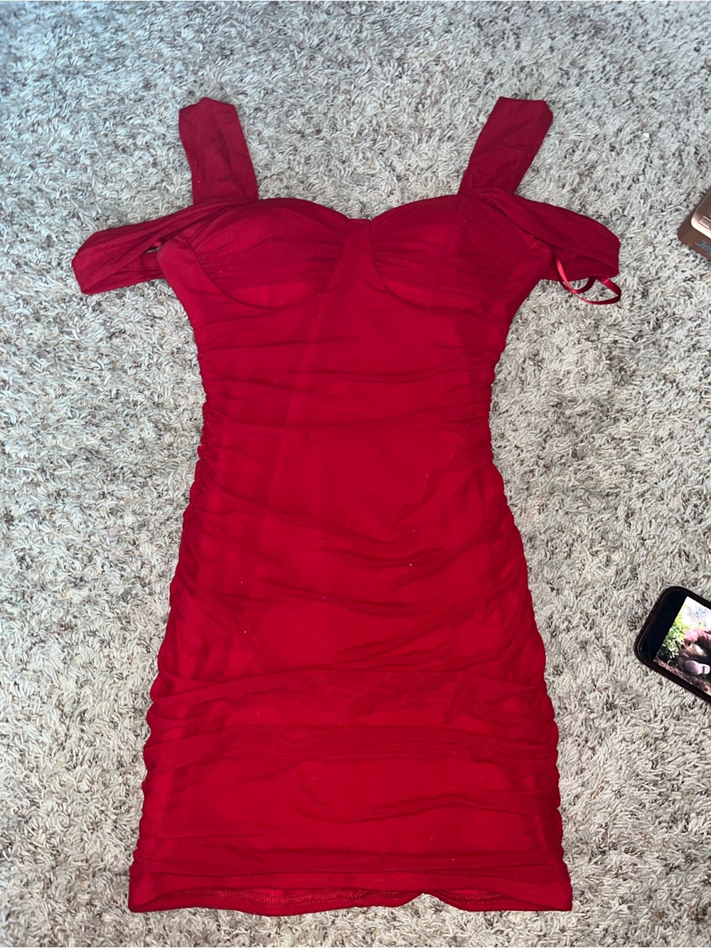 Windsor Red Off-Shoulder Ruched Mini Dress